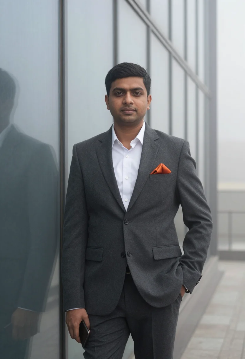 AI cyber city gurgaon fog saffron sample — portrait of a SaaS founder, half-length portrait of a Punjab