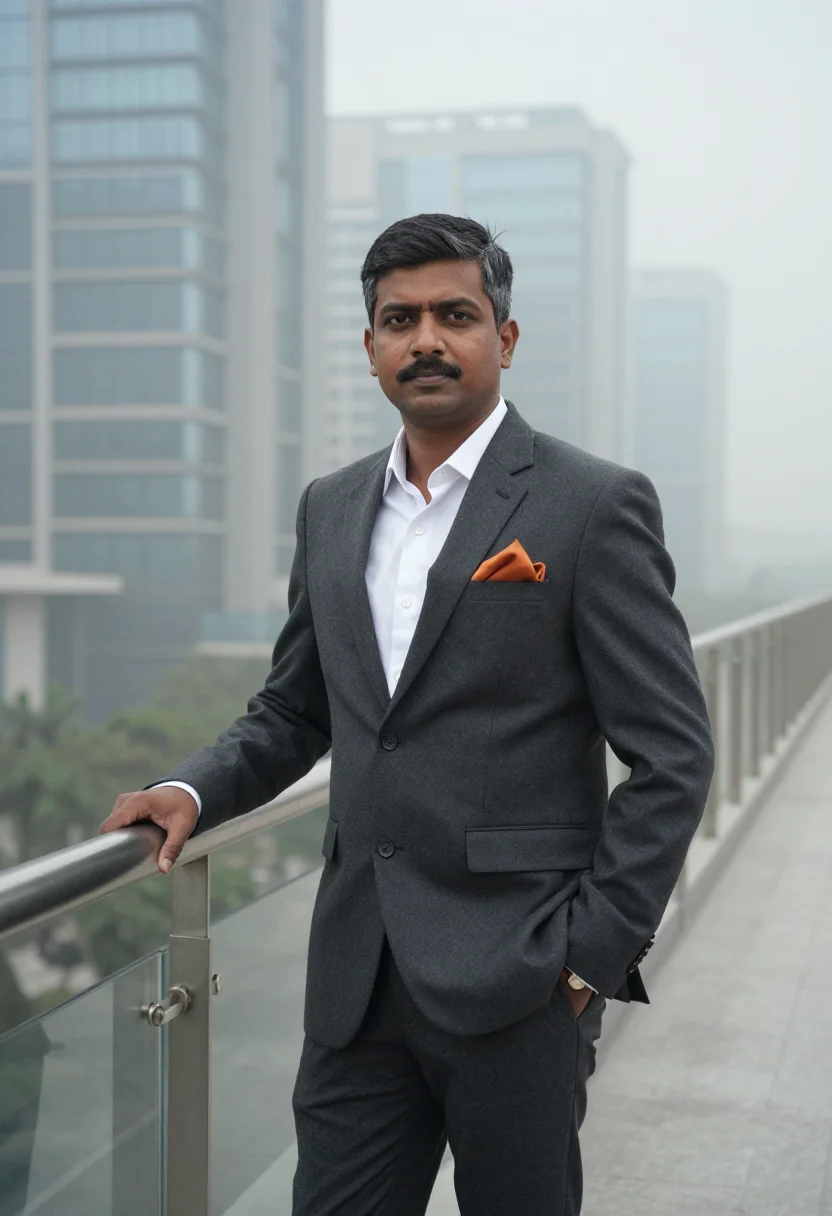 AI cyber city gurgaon fog saffron sample — portrait of a SaaS founder, half-length portrait of a Tamil
