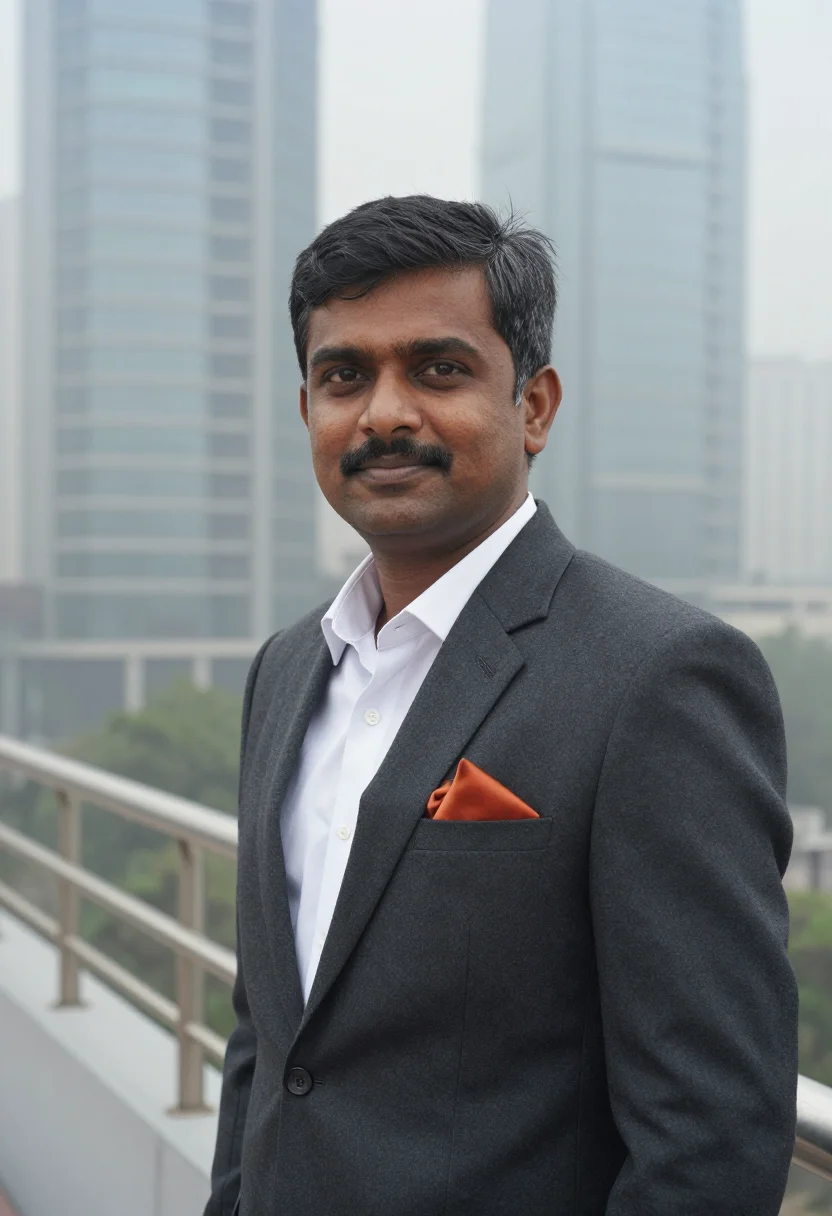 AI cyber city gurgaon fog saffron sample — portrait of a SaaS founder, head-and-shoulders portrait of a