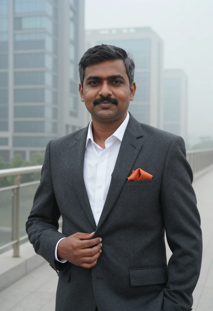 AI cyber city gurgaon fog saffron sample — portrait of a SaaS founder, chest-up portrait of a Tamil Ind