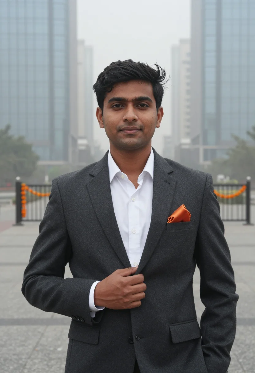 AI cyber city gurgaon fog saffron sample — portrait of a SaaS founder, chest-up portrait of a Bengali I