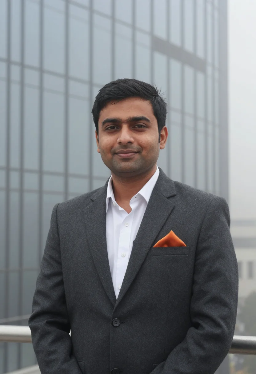 AI cyber city gurgaon fog saffron sample — portrait of a SaaS founder, chest-up portrait of a Punjabi I