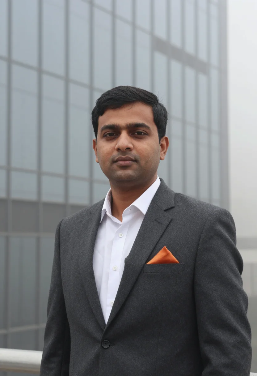 AI cyber city gurgaon fog saffron sample — portrait of a SaaS founder, head-and-shoulders portrait of a