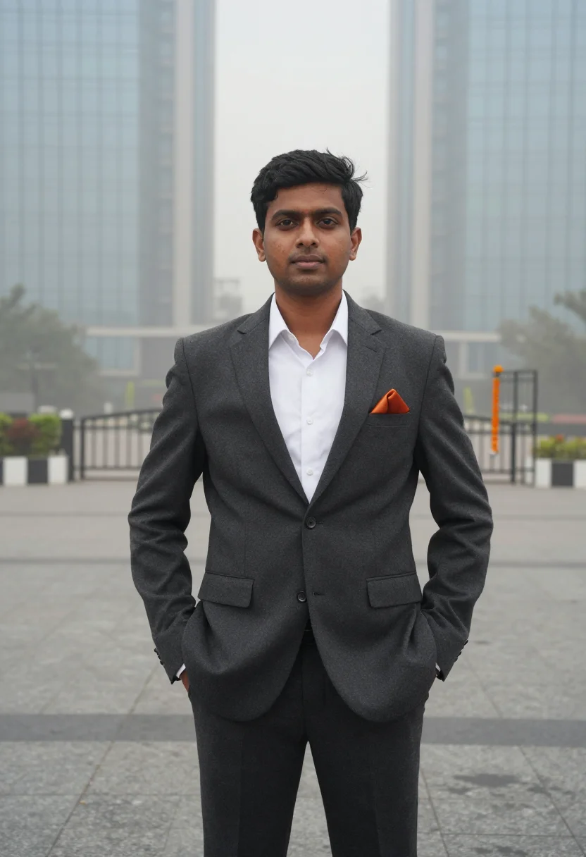 AI cyber city gurgaon fog saffron sample — portrait of a SaaS founder, half-length portrait of a Bengal