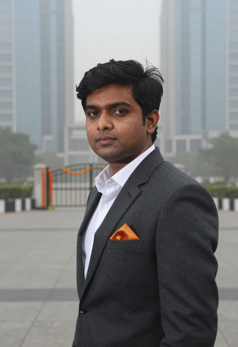 AI cyber city gurgaon fog saffron sample — portrait of a SaaS founder, head-and-shoulders portrait of a