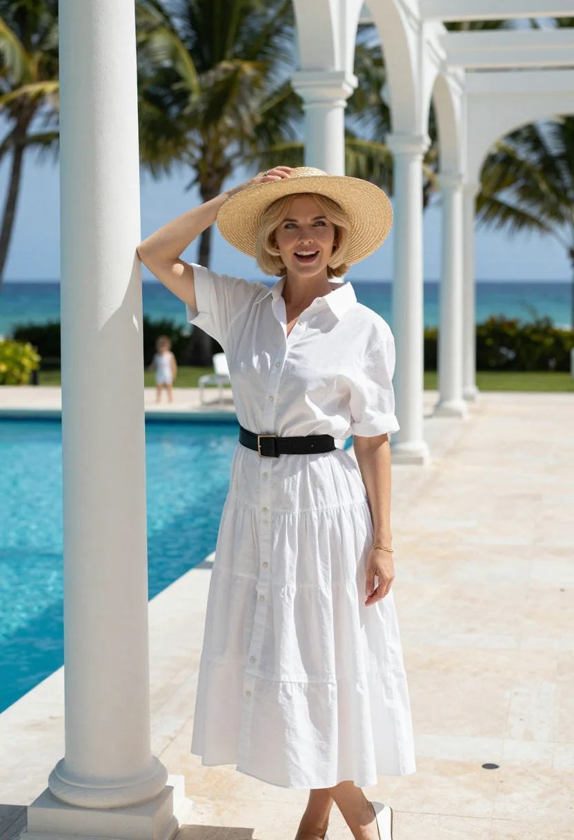 AI cz guest sample — portrait of a woman, a waist-up photograph on a pool terrace