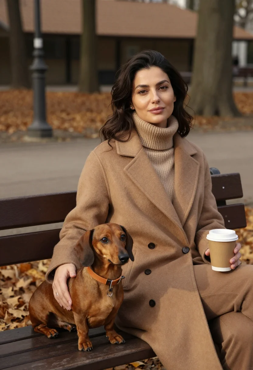 AI dachshund leaf walk tan sample — portrait of a woman, half-length portrait of a Turkish-Germa