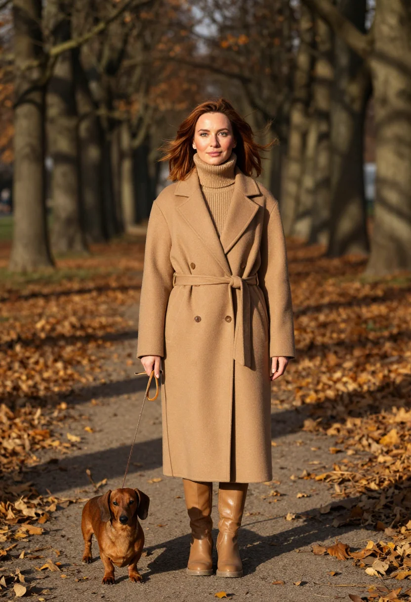 AI dachshund leaf walk tan sample — portrait of a woman, chest-up portrait of a German woman in