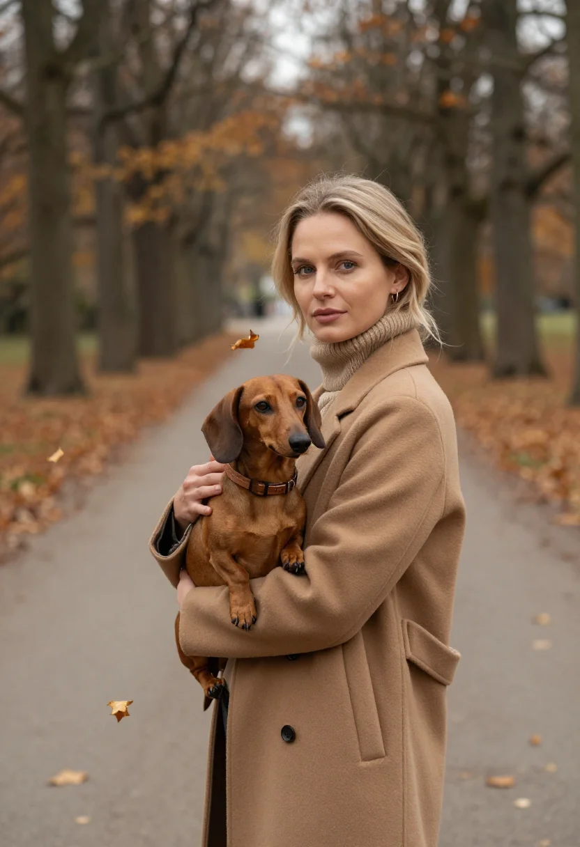 AI dachshund leaf walk tan sample — portrait of a woman, half-length portrait of a German woman