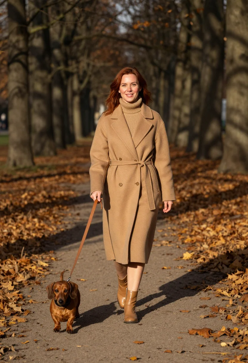 AI dachshund leaf walk tan sample — portrait of a woman, full-length portrait of a German woman