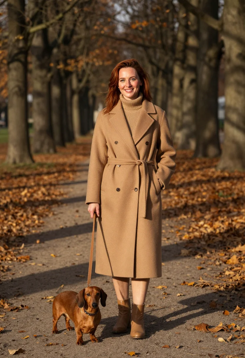 AI dachshund leaf walk tan sample — portrait of a woman, three-quarter-length portrait of a Germ