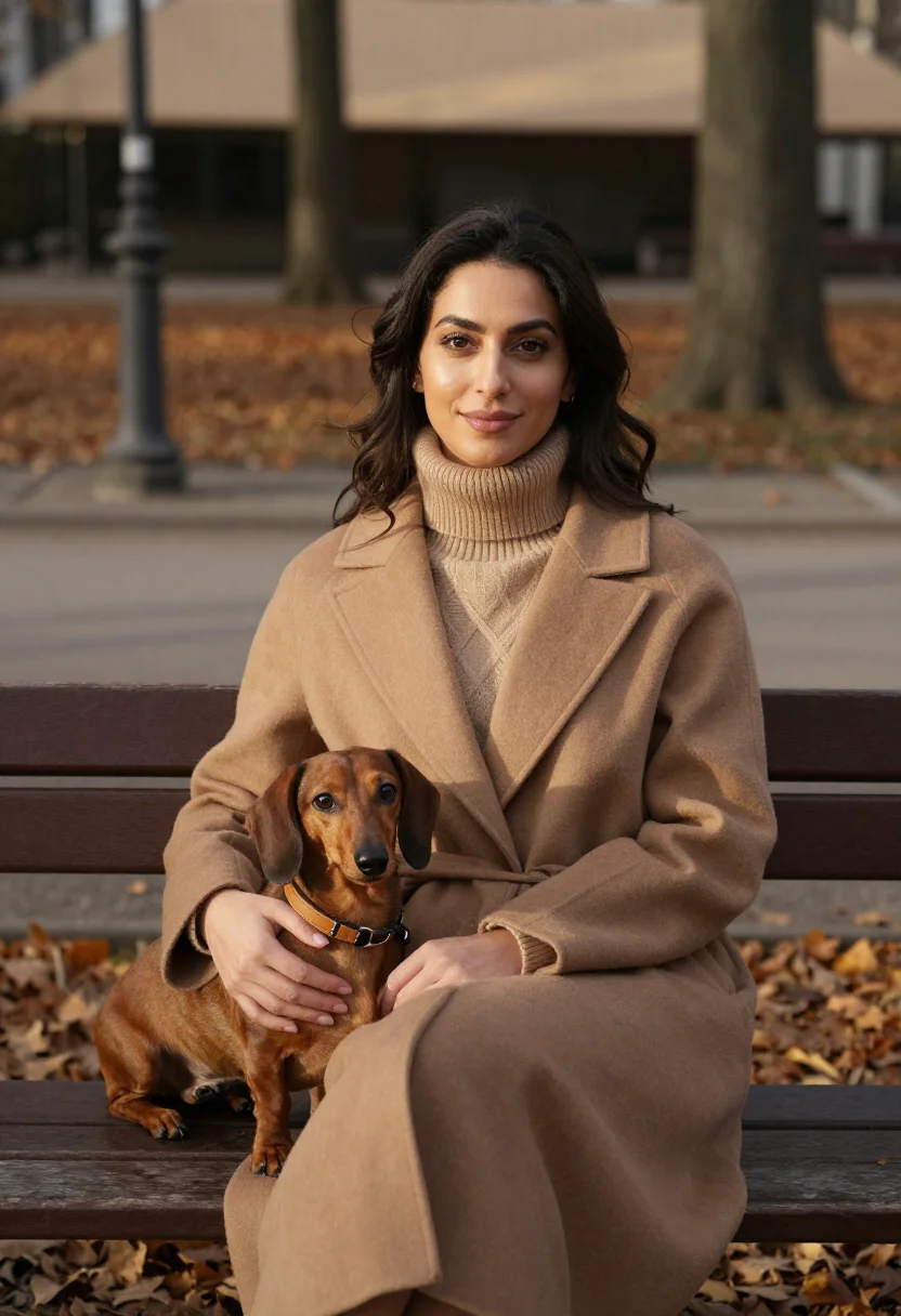 AI dachshund leaf walk tan sample — portrait of a woman, three-quarter-length portrait of a Turk