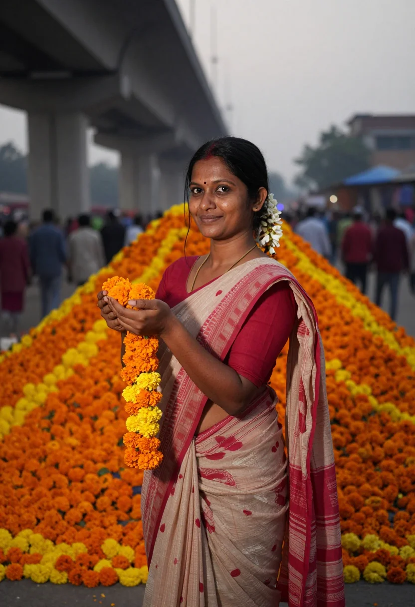 AI dadar flower market sample — portrait of a woman, half-length portrait of an Indian woman