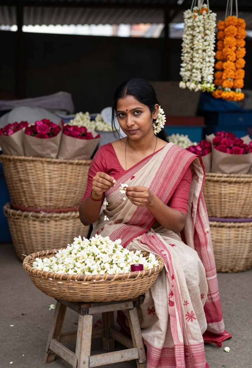 AI dadar flower market sample — portrait of a woman, three-quarter-length portrait of an Ind
