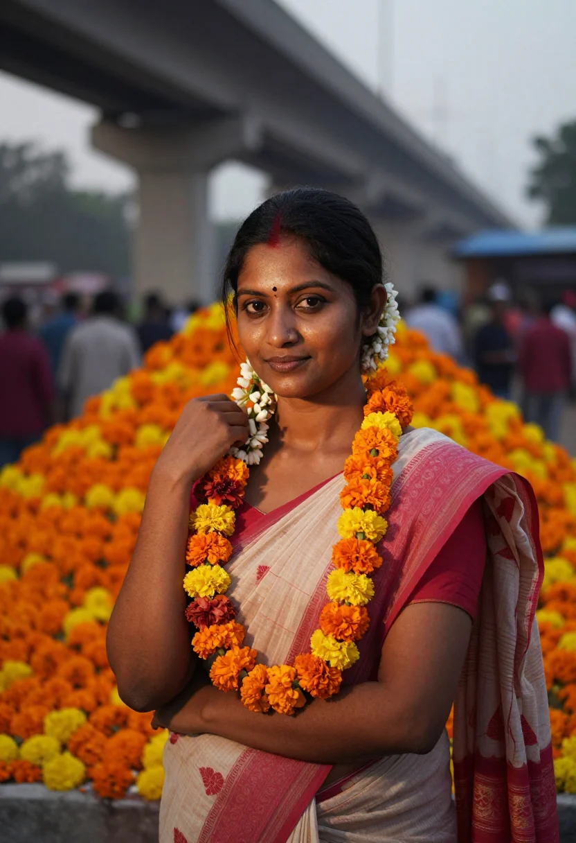 AI dadar flower market sample — portrait of a woman, chest-up portrait of an Indian woman in