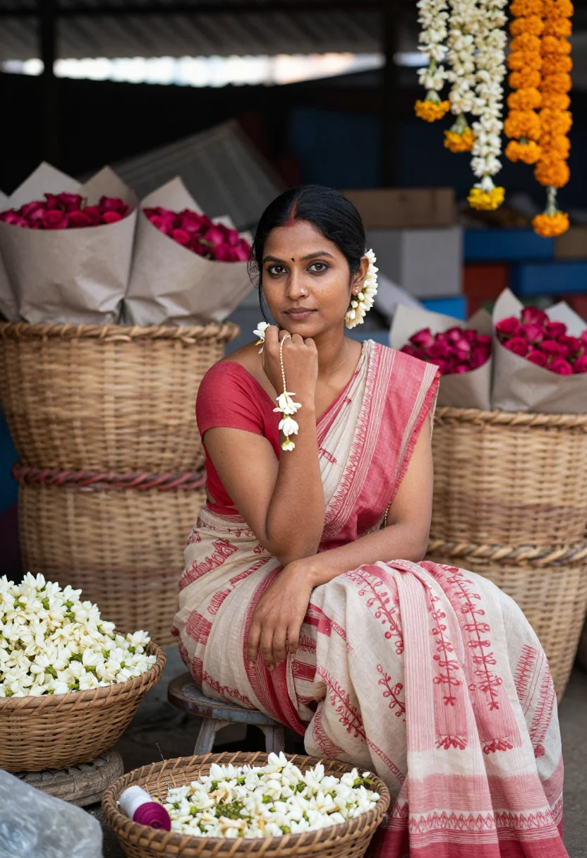 AI dadar flower market sample — portrait of a woman, chest-up portrait of an Indian woman in