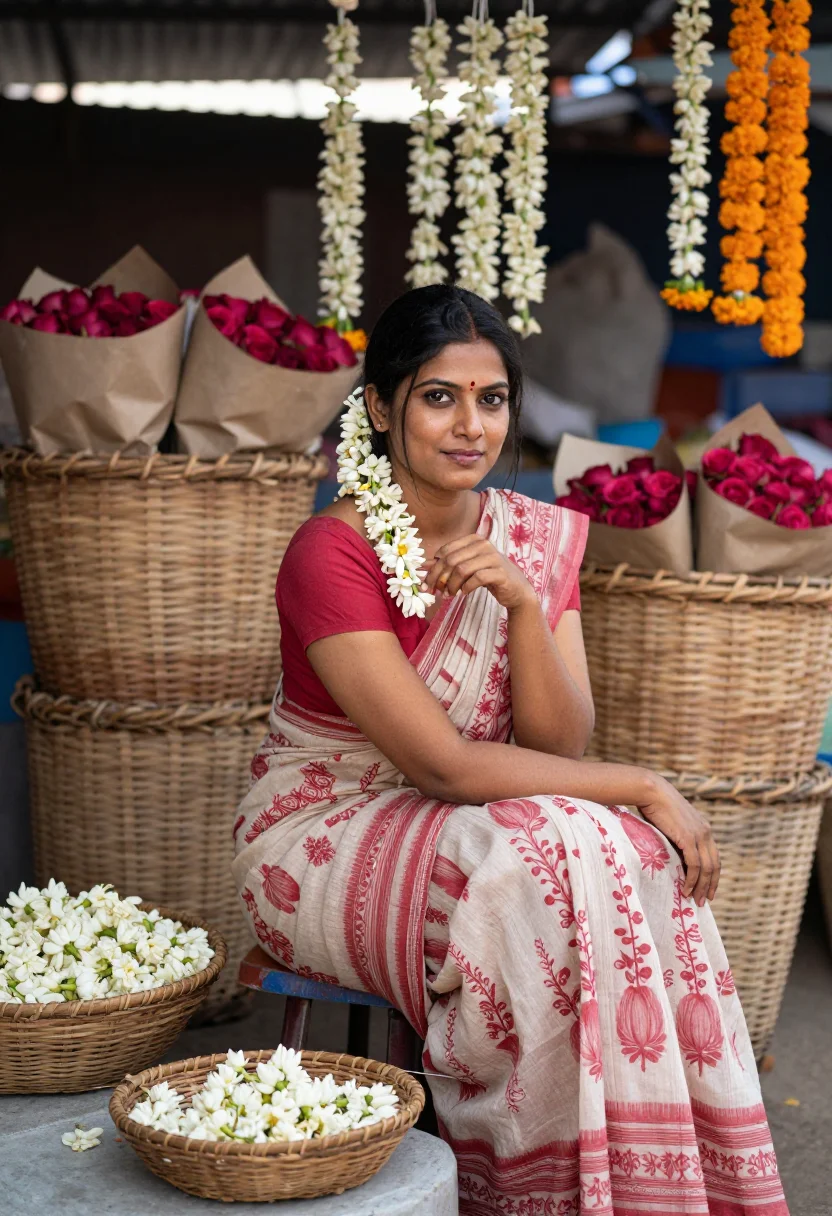 AI dadar flower market sample — portrait of a woman, half-length portrait of an Indian woman