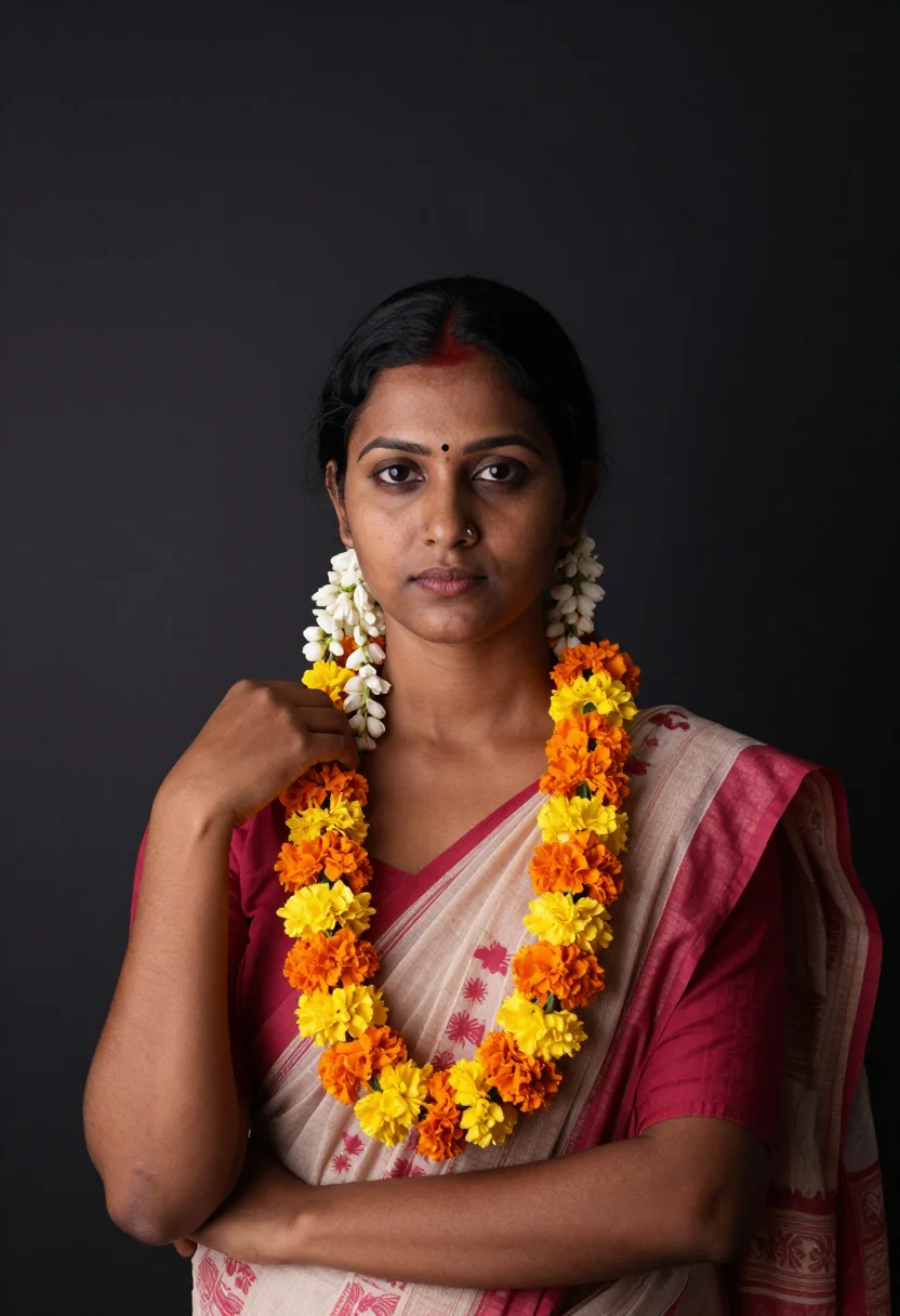 AI dadar flower market sample — portrait of a woman, chest-up portrait of an Indian woman in