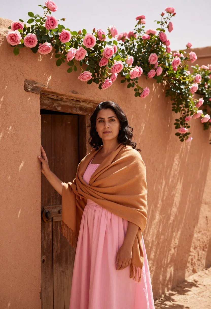 AI dades valley rose festival may pink sample — portrait of a woman, in her early forties, of Spanish descen