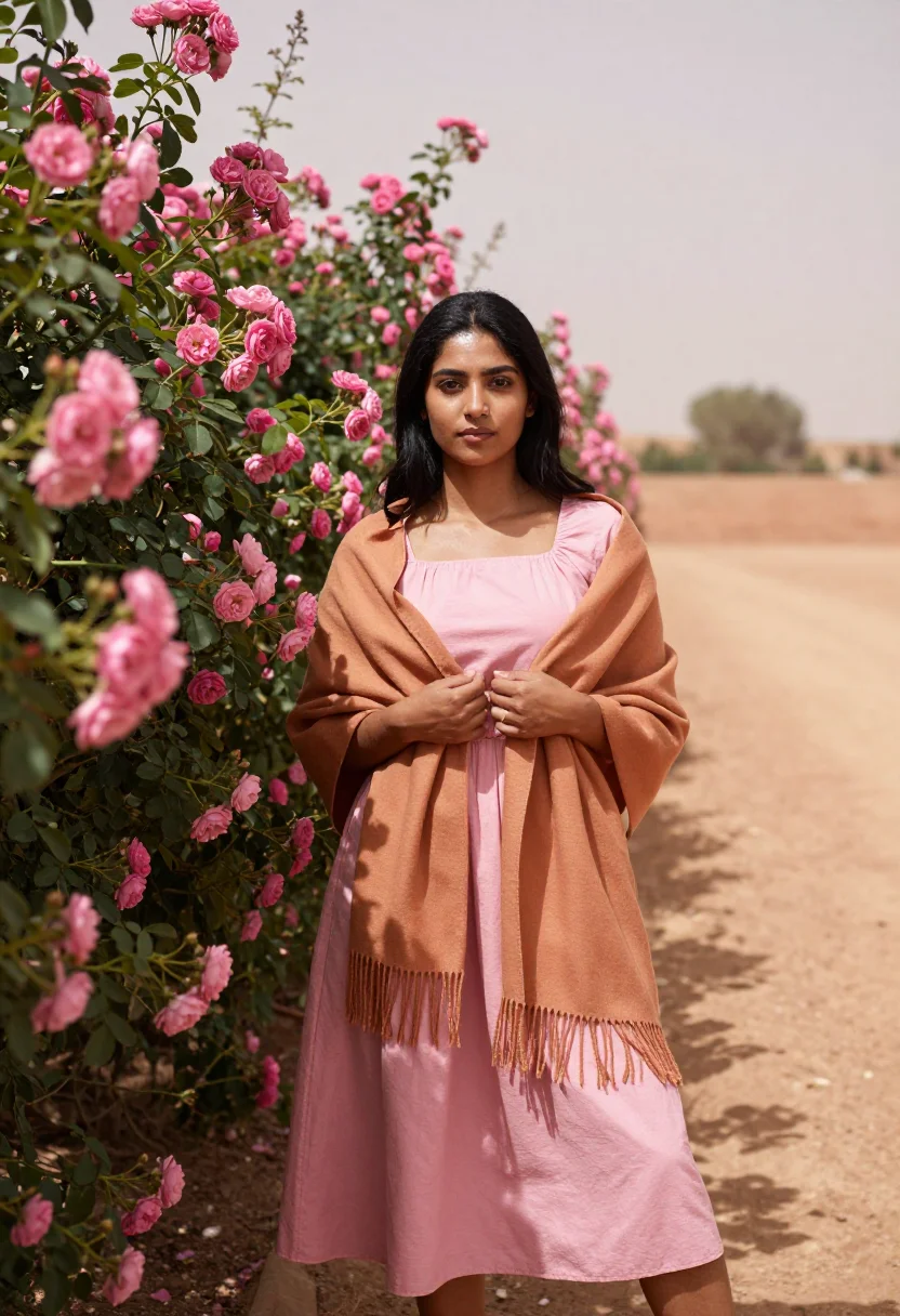 AI dades valley rose festival may pink sample — portrait of a woman, in her late twenties, of Amazigh descen
