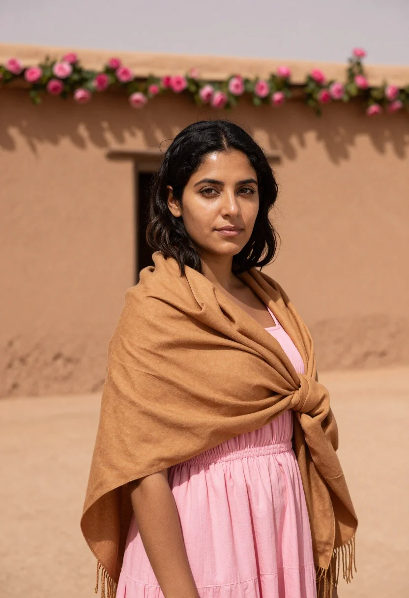 AI dades valley rose festival may pink sample — portrait of a woman, in her early forties, of Spanish descen
