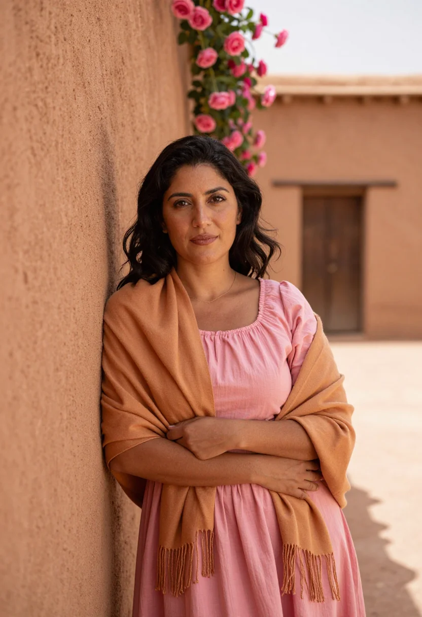 AI dades valley rose festival may pink sample — portrait of a woman, in her early forties, of Spanish descen
