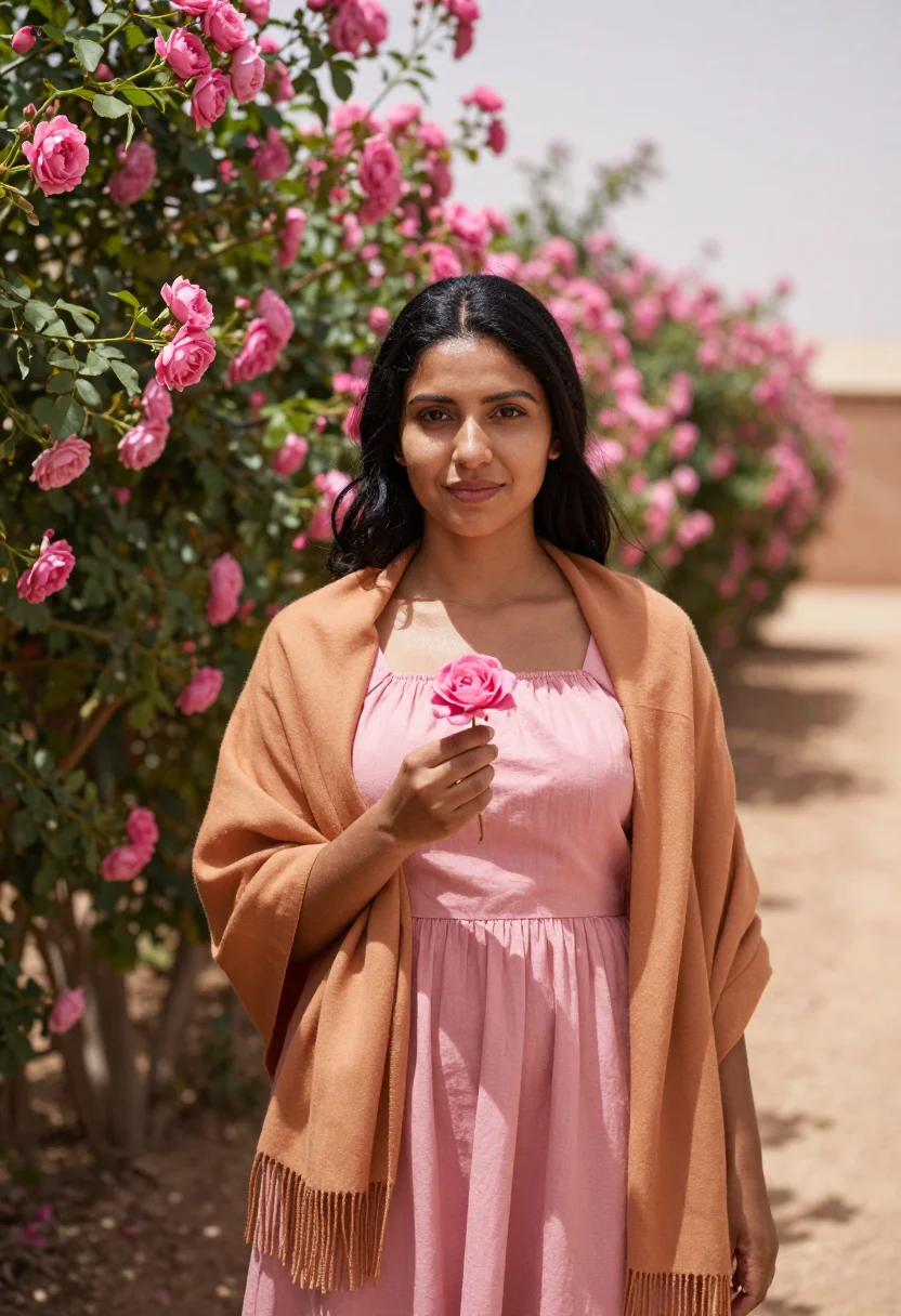 AI dades valley rose festival may pink sample — portrait of a woman, in her late twenties, of Amazigh descen