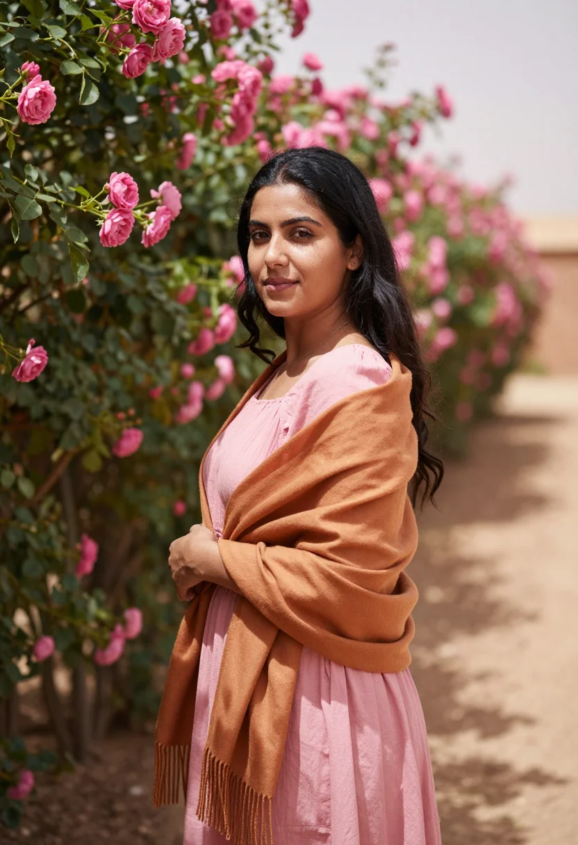AI dades valley rose festival may pink sample — portrait of a woman, in her late twenties, of Amazigh descen