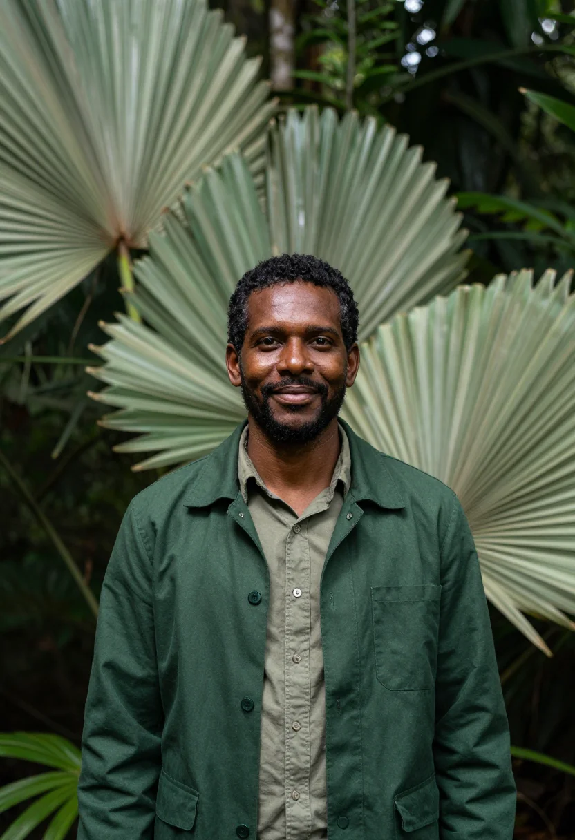 AI daintree rainforest ecologist fern green sample — portrait of a man, an ecologist in his late thirties, Aborig