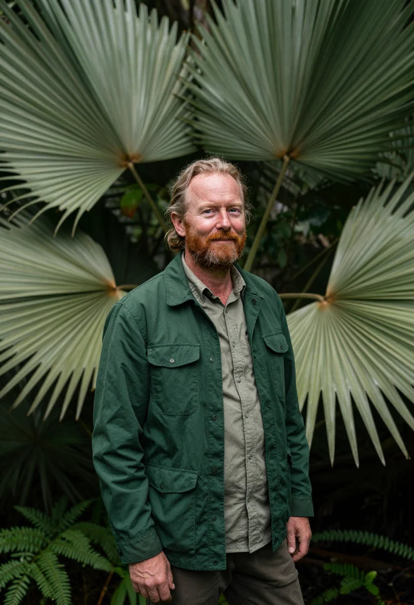 AI daintree rainforest ecologist fern green sample — portrait of a man, an ecologist in his fifties of Irish desc