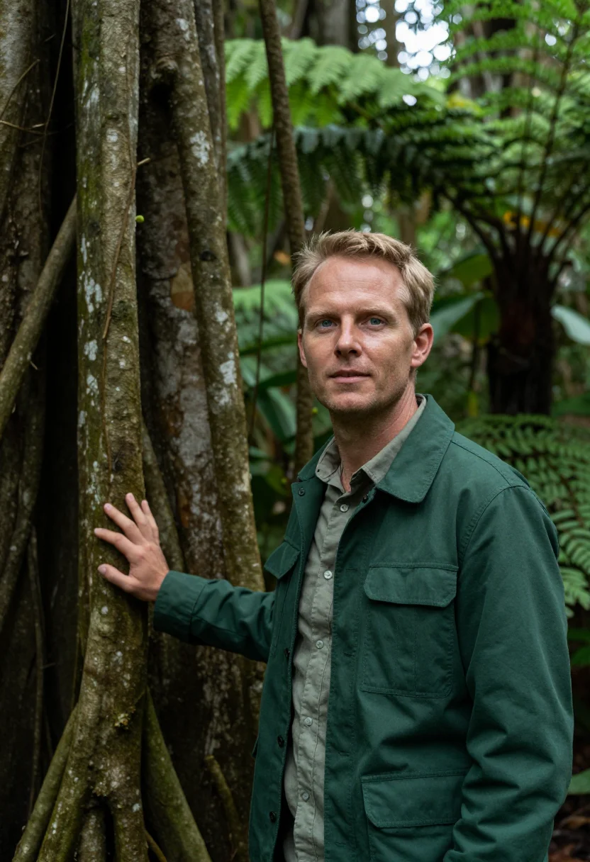 AI daintree rainforest ecologist fern green sample — portrait of a man, an ecologist in his mid-forties of Dutch