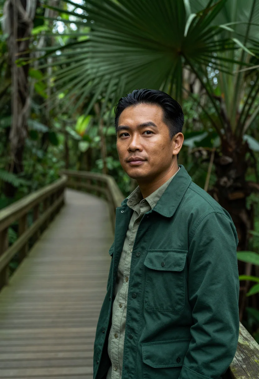 AI daintree rainforest ecologist fern green sample — portrait of a man, an ecologist in his mid-thirties of Chine