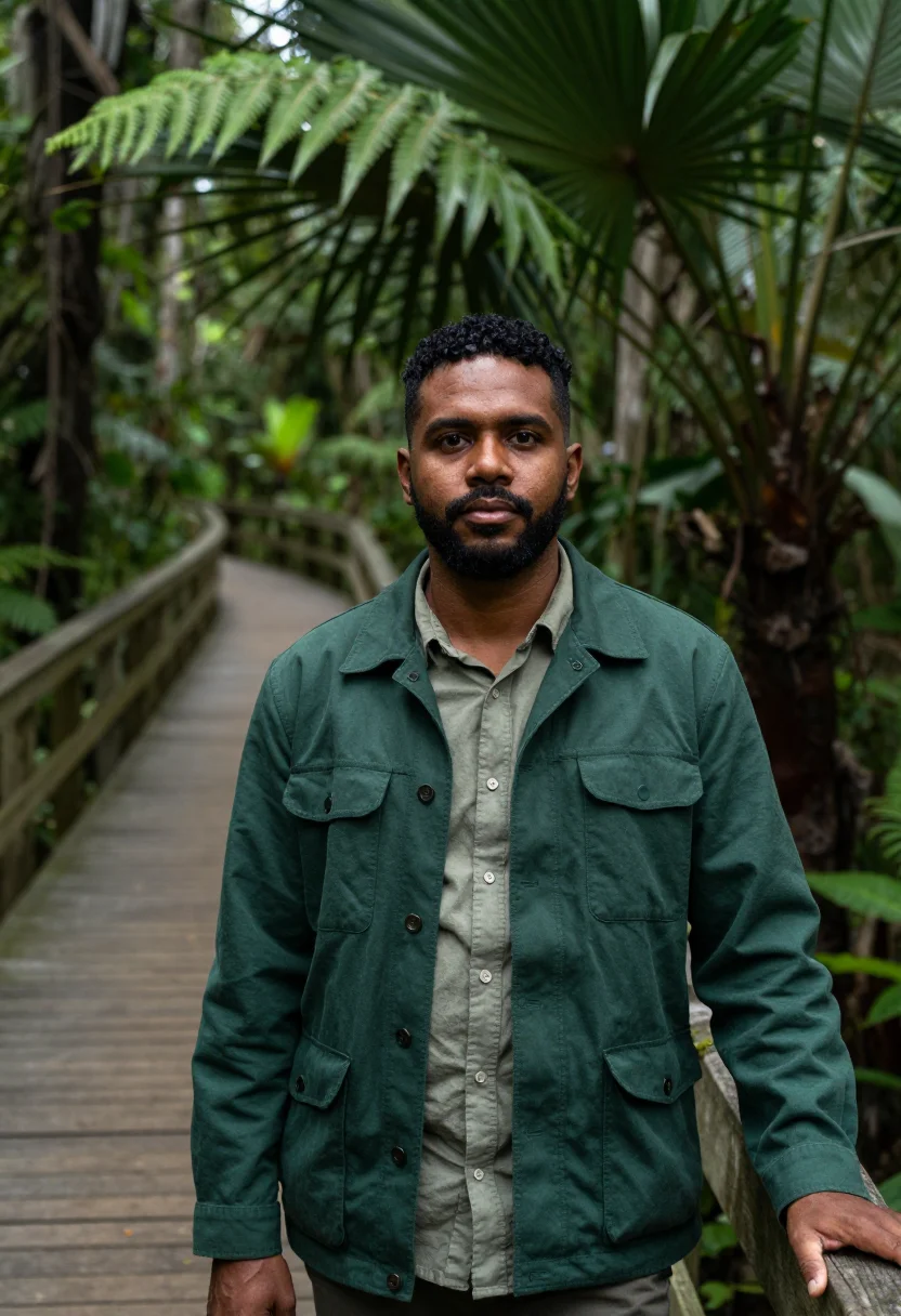 AI daintree rainforest ecologist fern green sample — portrait of a man, an ecologist in his forties, Torres Strai