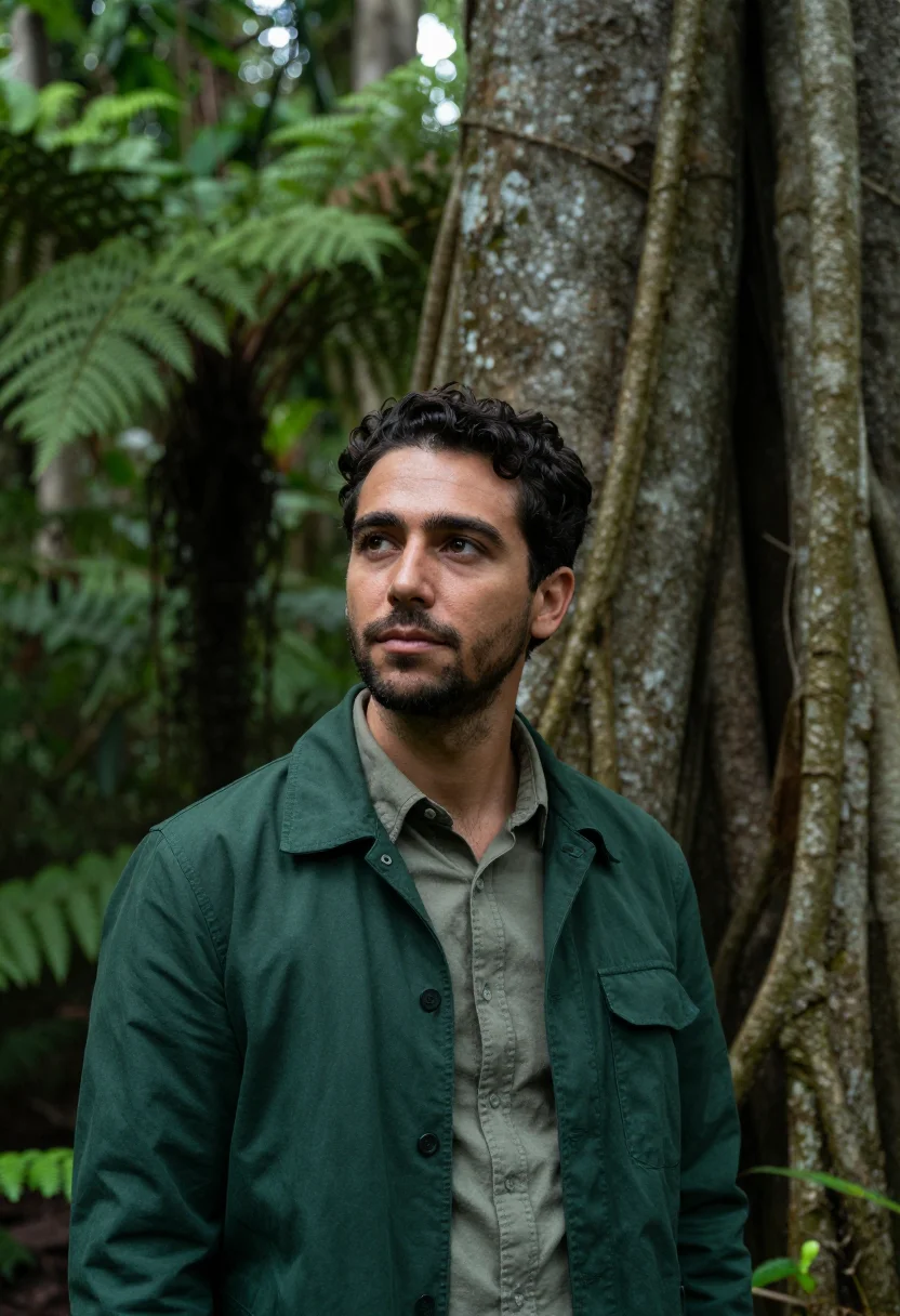 AI daintree rainforest ecologist fern green sample — portrait of a man, an ecologist in his early thirties of Gre