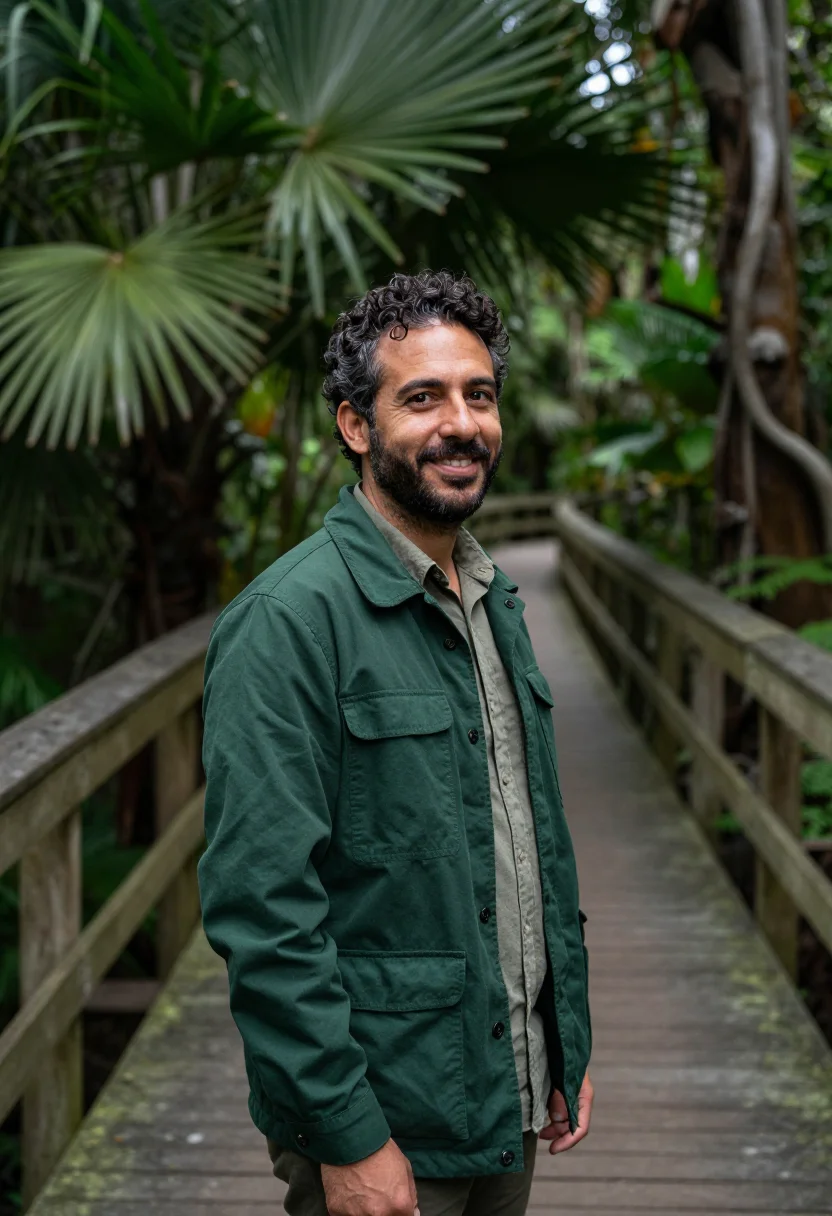 AI daintree rainforest ecologist fern green sample — portrait of a man, an ecologist in his late forties of Itali