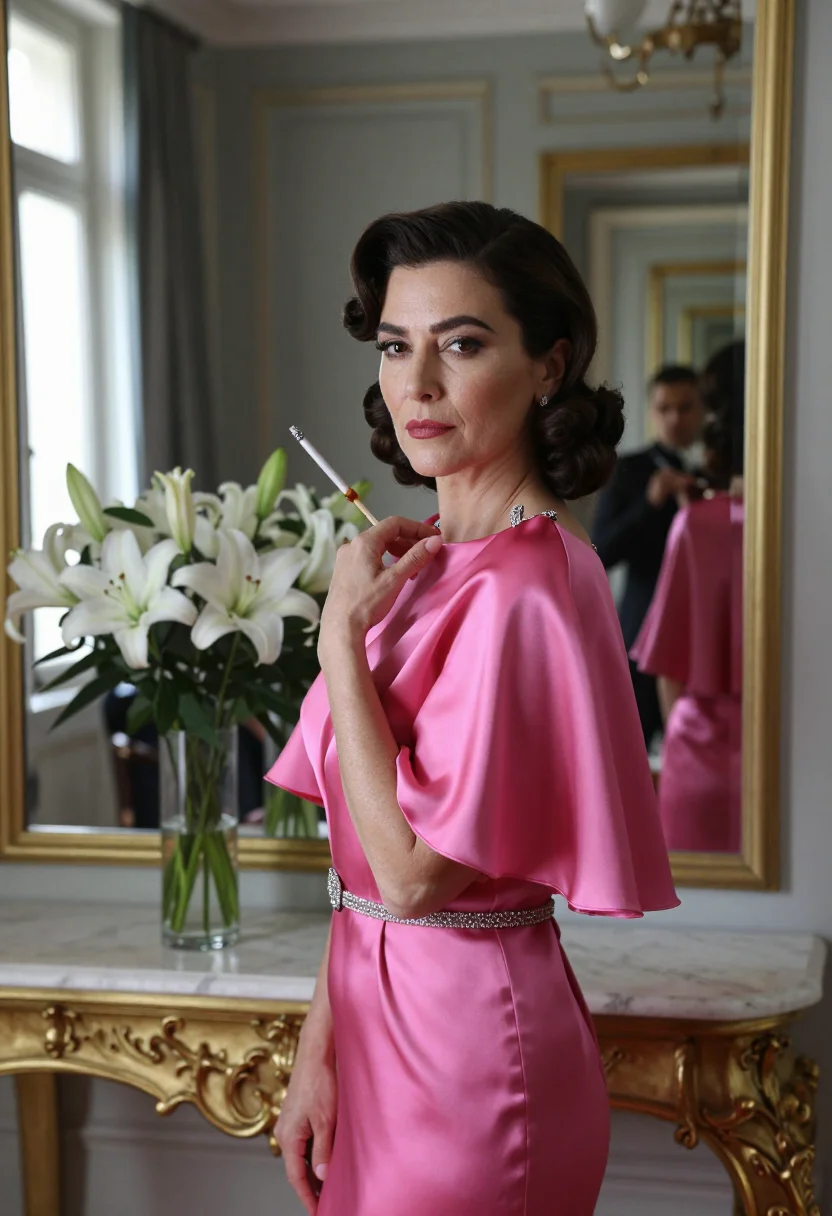 AI daisy fellowes sample — portrait of a woman, a waist-up photograph in a mirrored sal