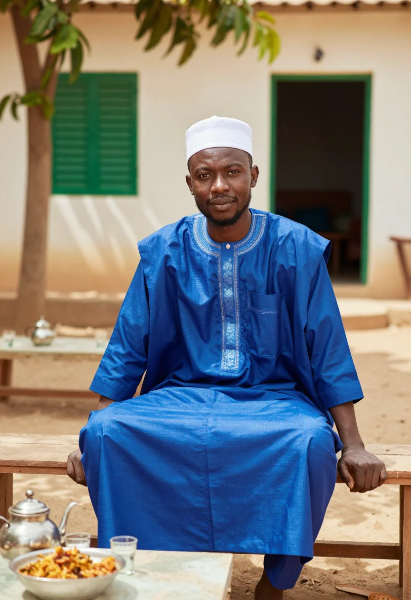 AI dakar grand boubou sample — portrait of a man, waist-up seated portrait of a Senegalese