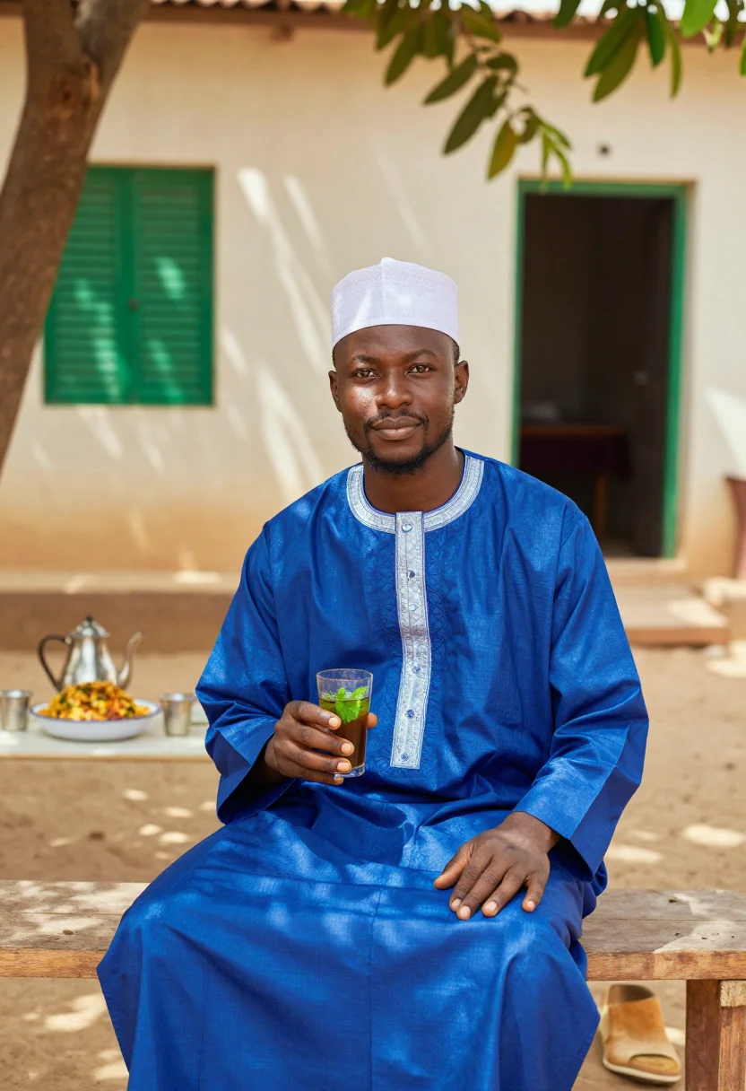 AI dakar grand boubou sample — portrait of a man, chest-up seated portrait of a Senegalese
