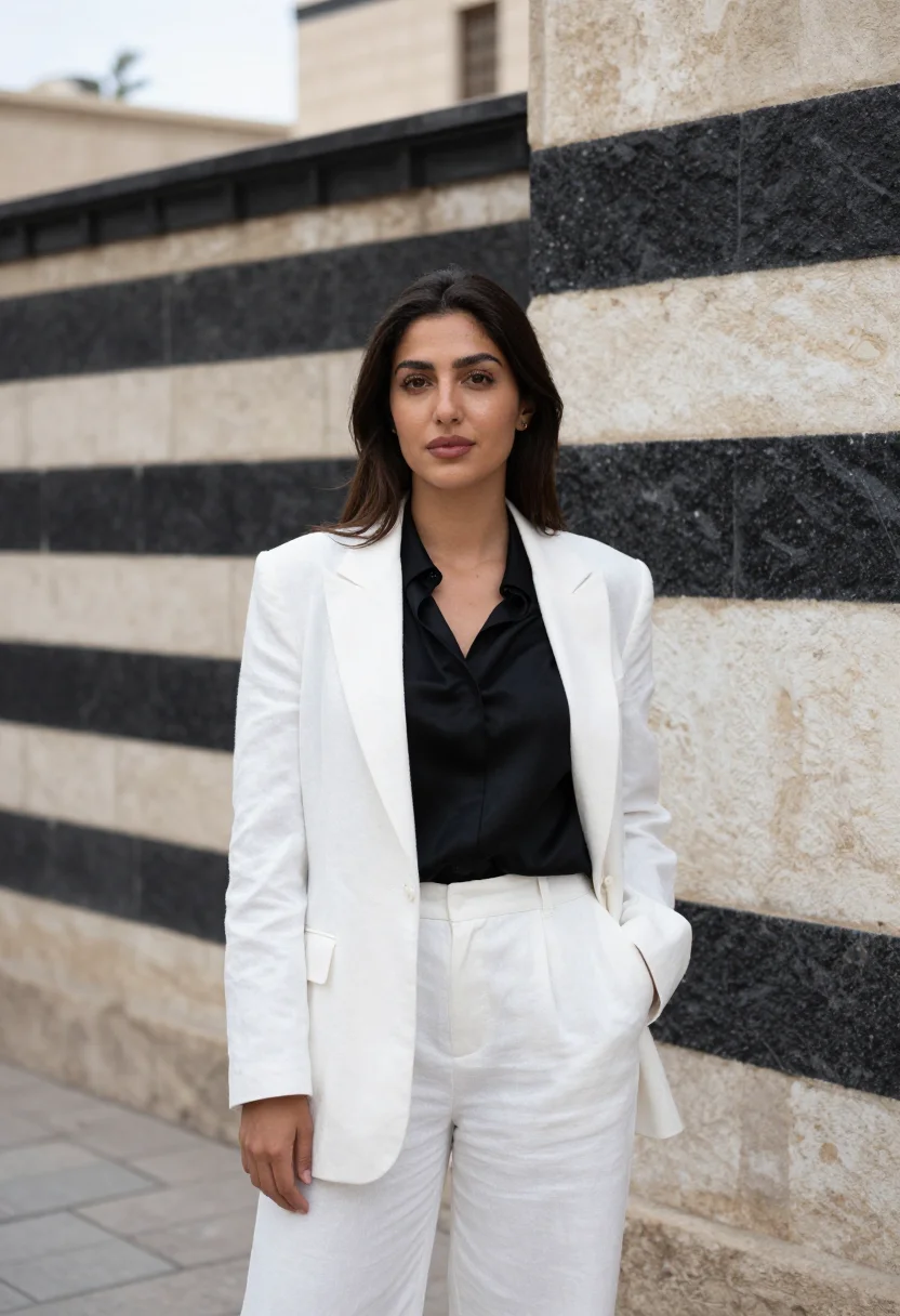 AI damascus architect ablaq black white sample — portrait of a woman, an architect of Syrian descent in her e