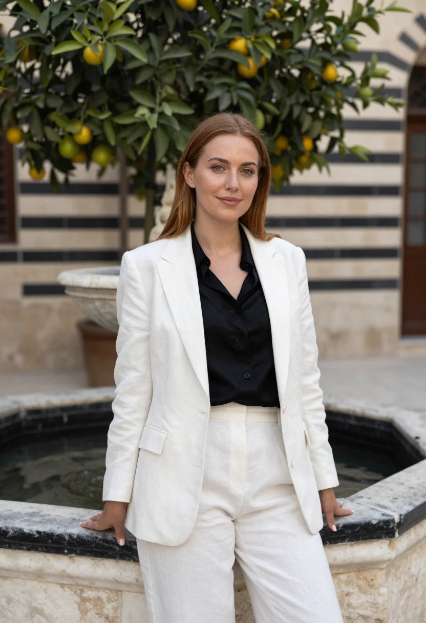 AI damascus architect ablaq black white sample — portrait of a woman, an architect of Irish descent in her ea