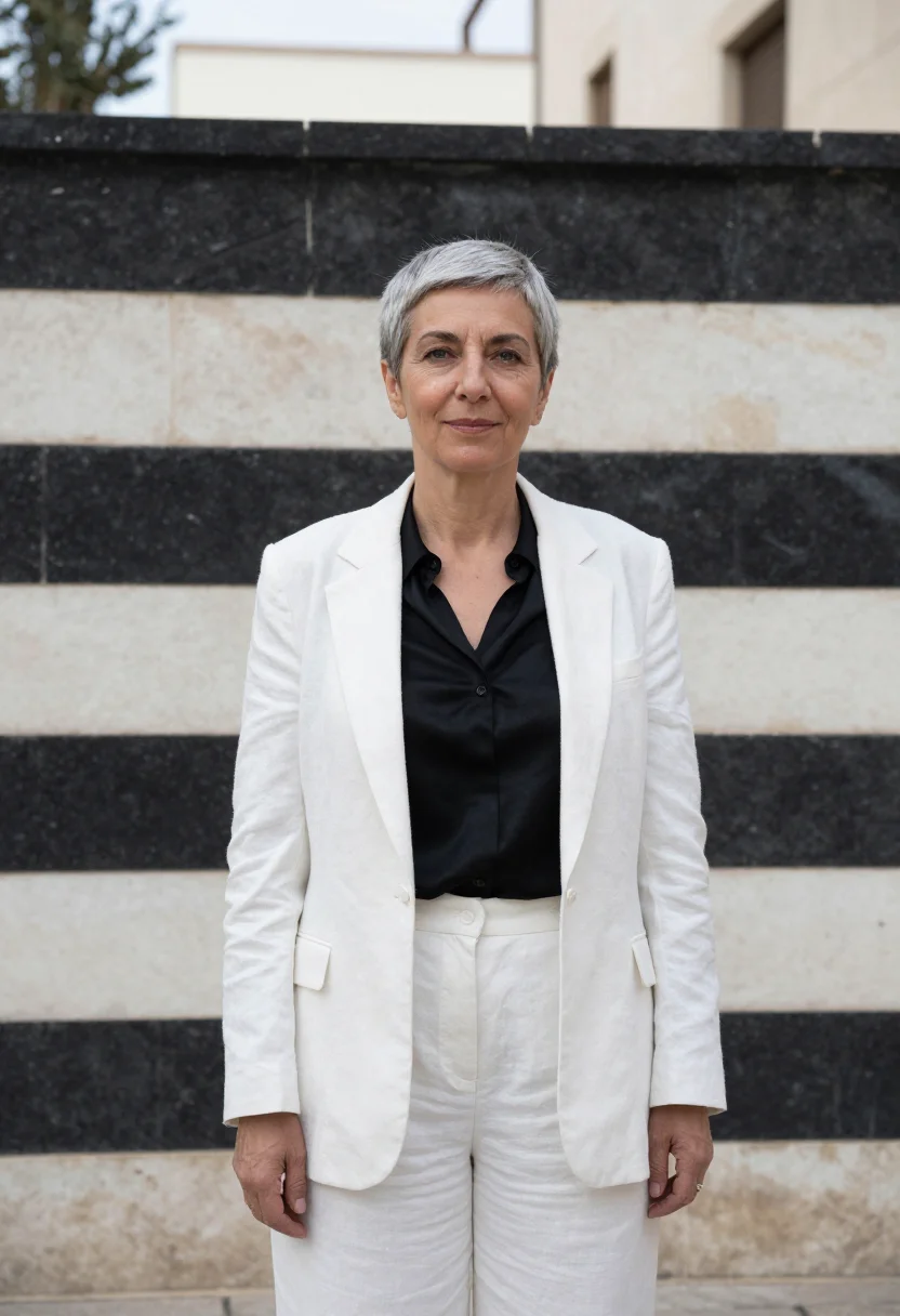 AI damascus architect ablaq black white sample — portrait of a woman, an architect in her mid-fifties with fa
