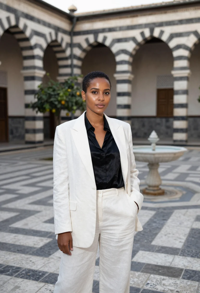 AI damascus architect ablaq black white sample — portrait of a woman, an architect of Sudanese descent in her