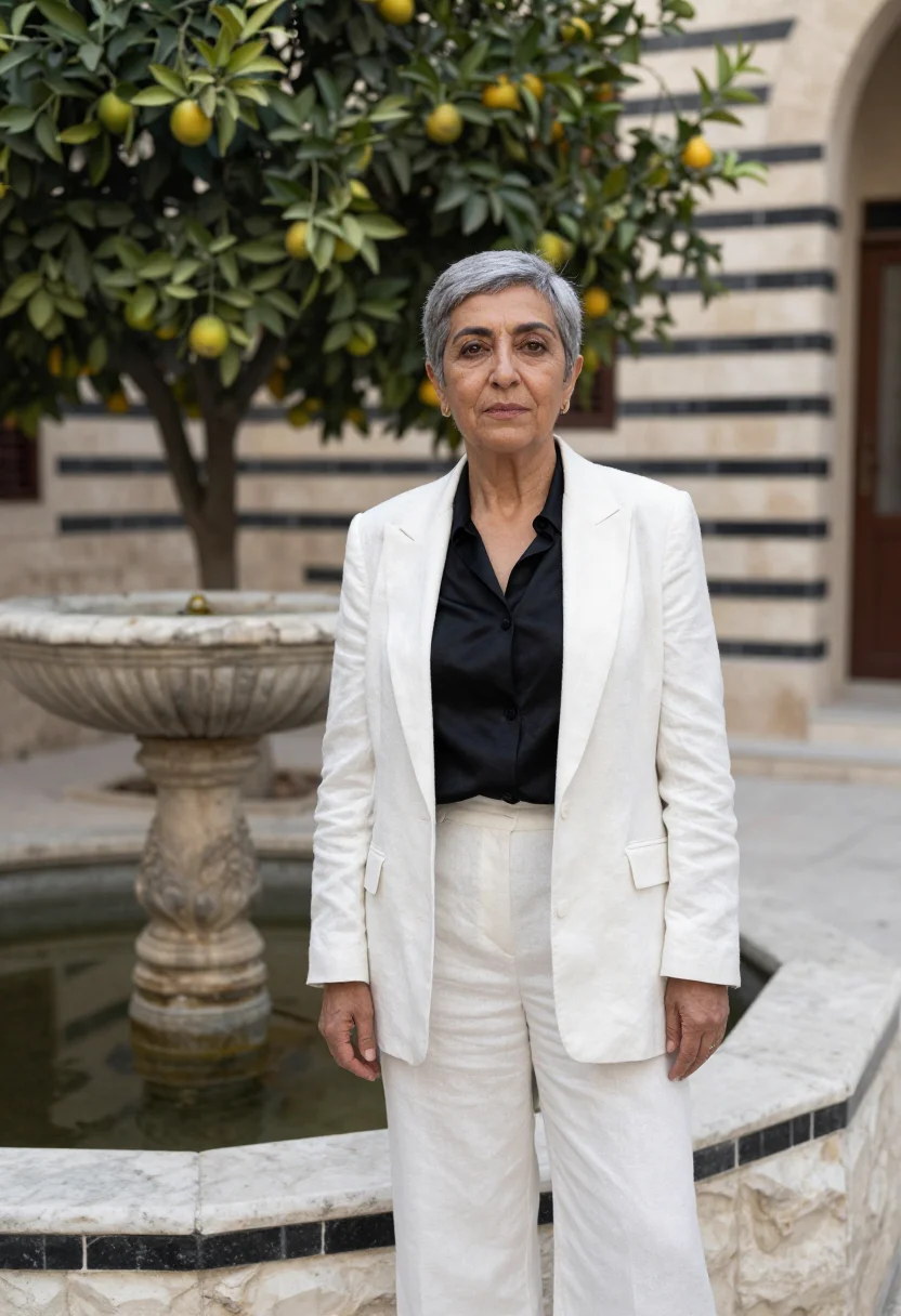 AI damascus architect ablaq black white sample — portrait of a woman, an architect of Syrian descent in her e