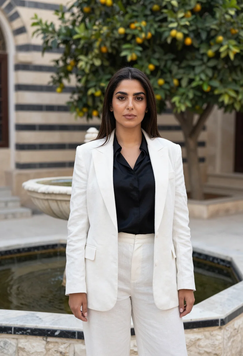 AI damascus architect ablaq black white sample — portrait of a woman, an architect of Kurdish descent in her