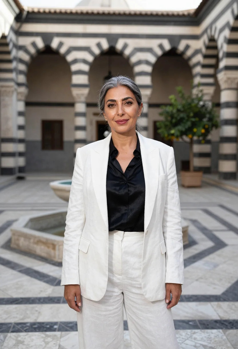 AI damascus architect ablaq black white sample — portrait of a woman, an architect of Syrian descent in her l