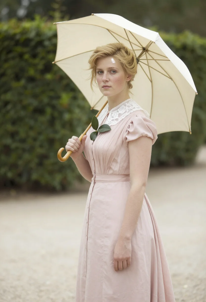 Courtesan period-drama photoshoot — rose-pink lawn dress, parasol, high-key garden light