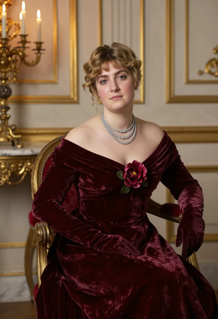 Courtesan period-drama photoshoot — wine velvet gown, diamond collar, gilt-panelled salon