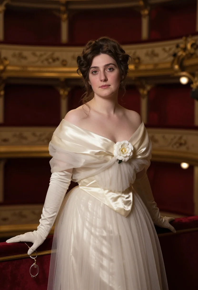 Courtesan period-drama photoshoot — gaslit opera box, ivory silk faille, single white camellia