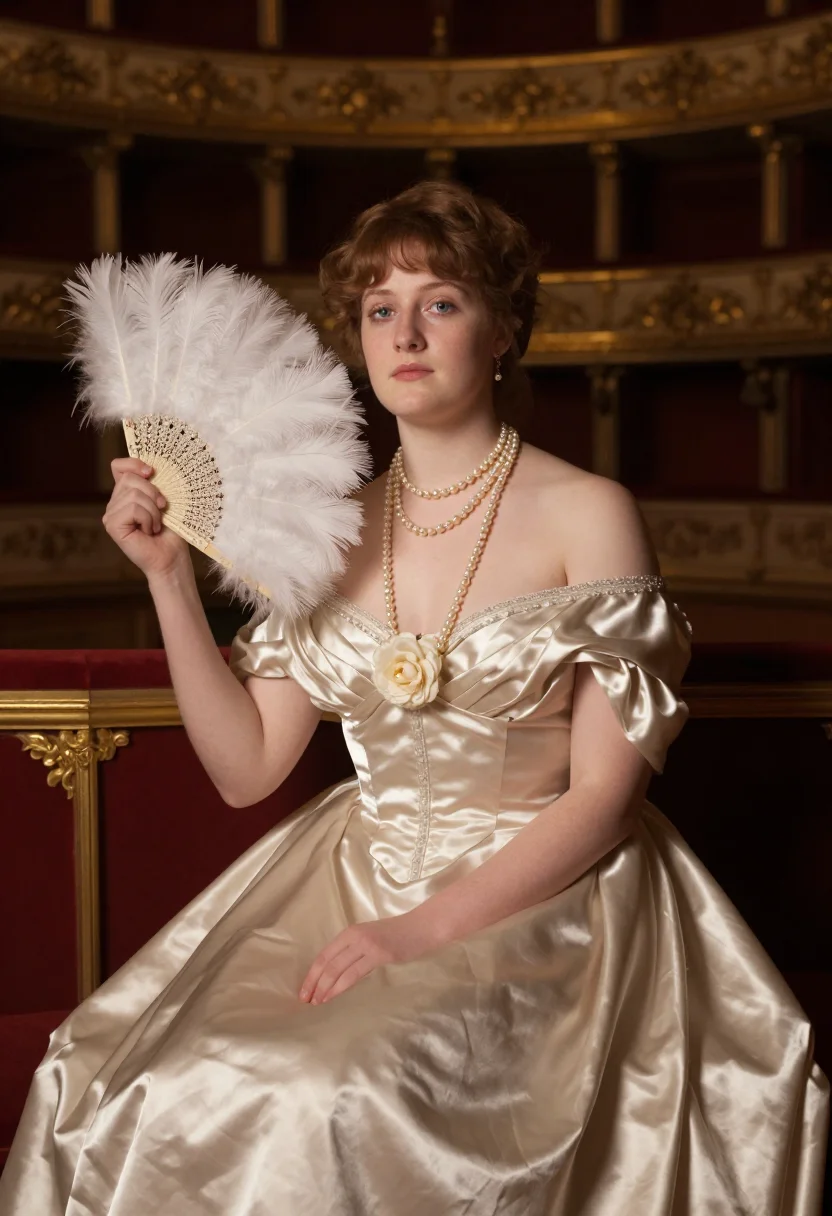 Courtesan period-drama photoshoot — champagne satin, feather fan, double pearls, opera box