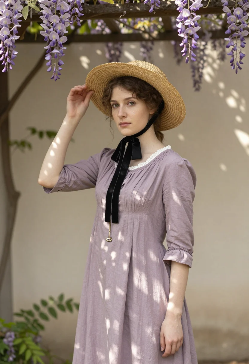 Courtesan period-drama photoshoot — sunlit Bougival garden, lavender muslin day dress, straw bonnet